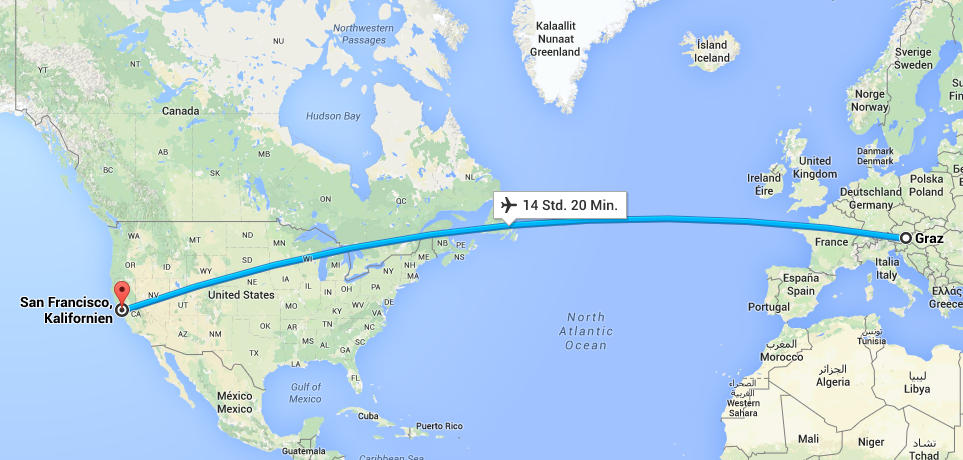 Our flight route to the US (googlemaps)